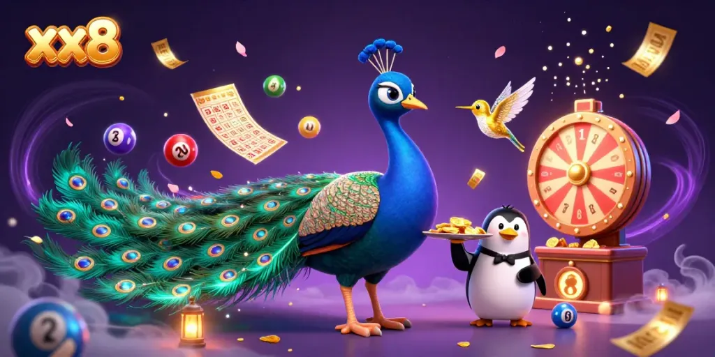 Immerse in the vibrant world of xx8 gaming with peacock and butler amidst golden winnings.