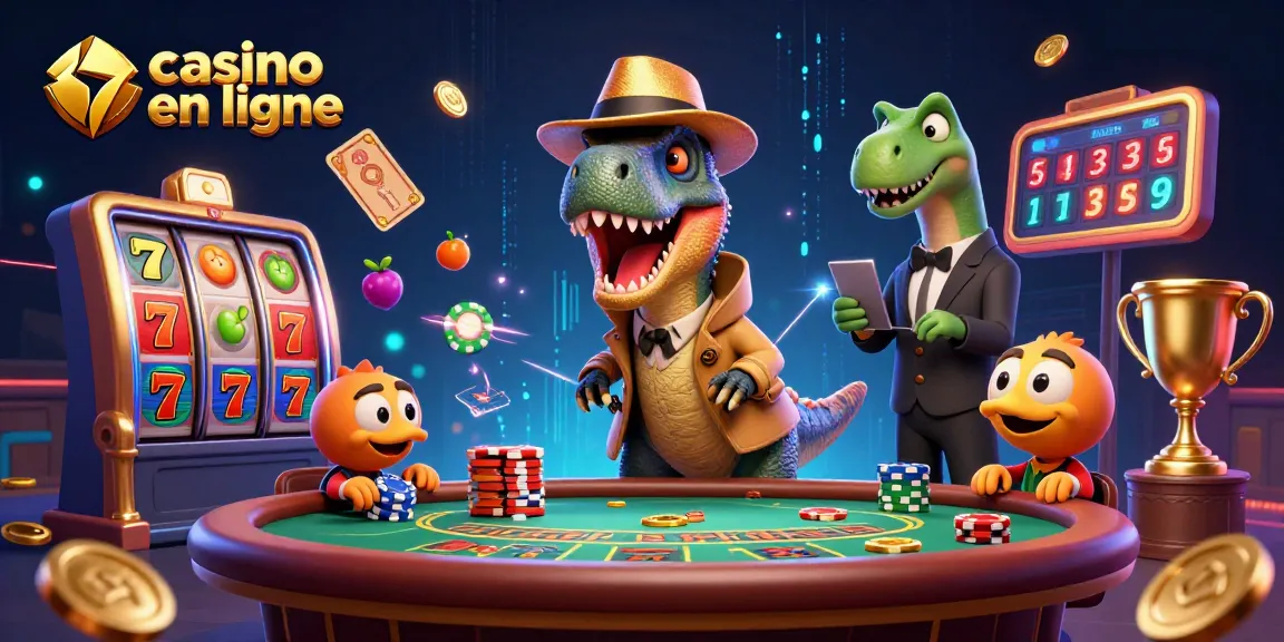 Jouer au casino en ligne: illustration dynamique avec un vélociraptor comptant des cartes.
