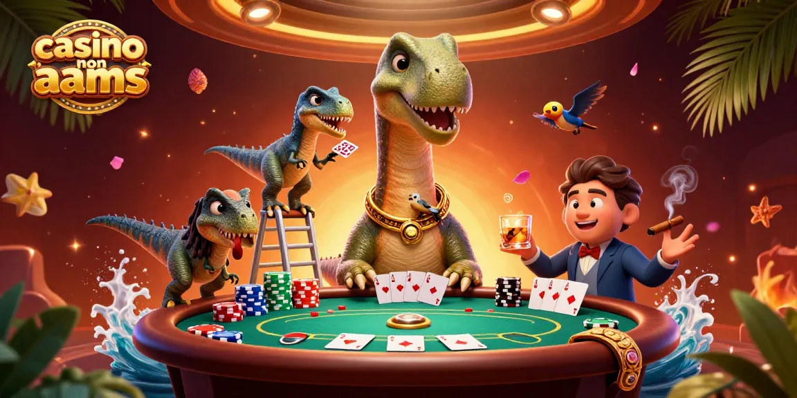 Giocando a poker nella scena affascinante del casino non aams con un brontosauro e un raptor che distribuisce carte.