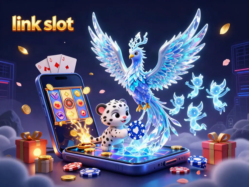 Experience the thrill of link slot games with a phoenix and snow leopard in a vibrant casino scene.