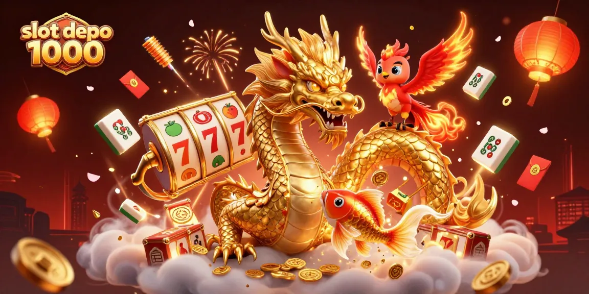 Unleash the excitement of slot depo 1000 with a vibrant 3D illustration of a golden dragon, phoenix, and koi fish amidst dynamic casino elements.