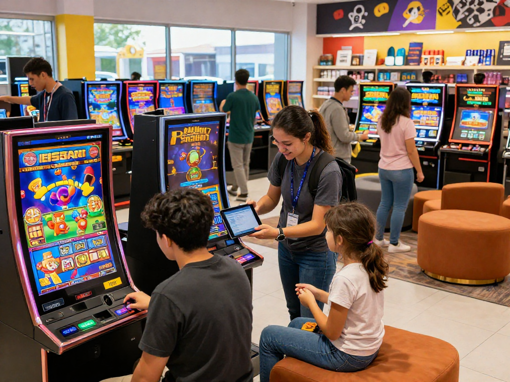 Shoppers exploring immersive slot gaming displays in a vibrant e-commerce store.