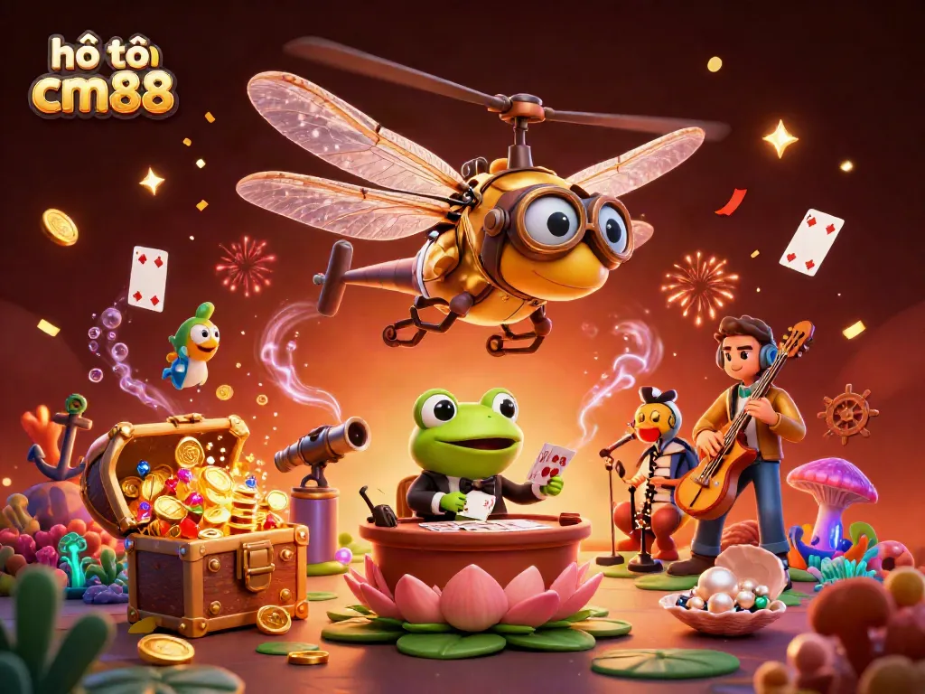 Experience fun with hỗ trợ cm88 at a vibrant lily pad casino with lively characters and sparkling treasures.