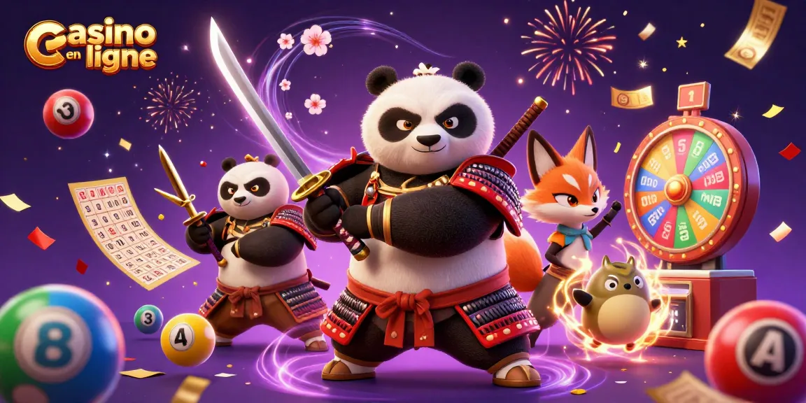 Casino en ligne : tirage de loterie avec un panda samouraï et un renard ninja dans une fête colorée