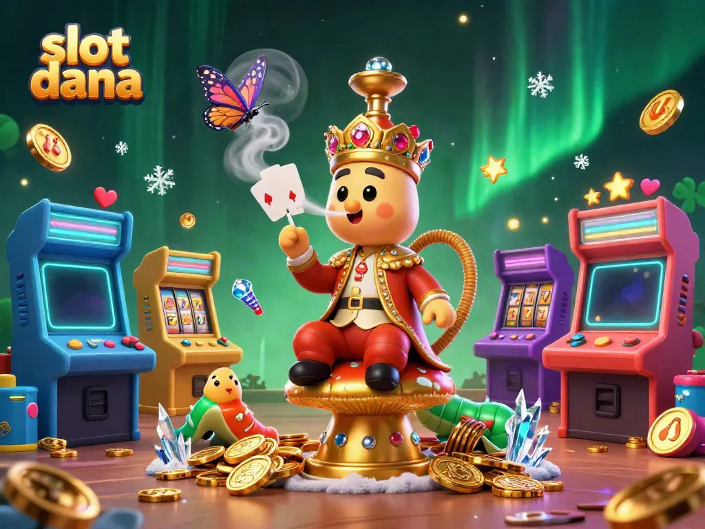 Menang besar di slot dana dengan karakter kartun dan mesin kasino cerah.