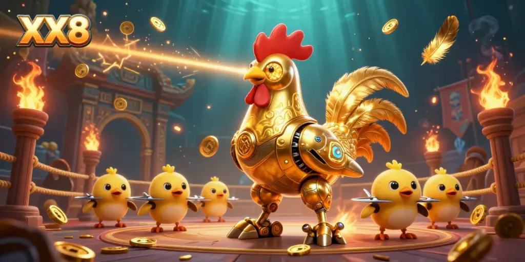 Engage in exhilarating gambling action with the dynamic XX8 casino scene featuring a golden rooster robot.