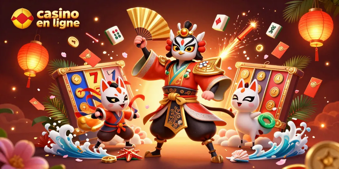 Illustration d'un kabuki guerrier et des symboles casino en ligne avec des couleurs vibrantes et des détails riches.