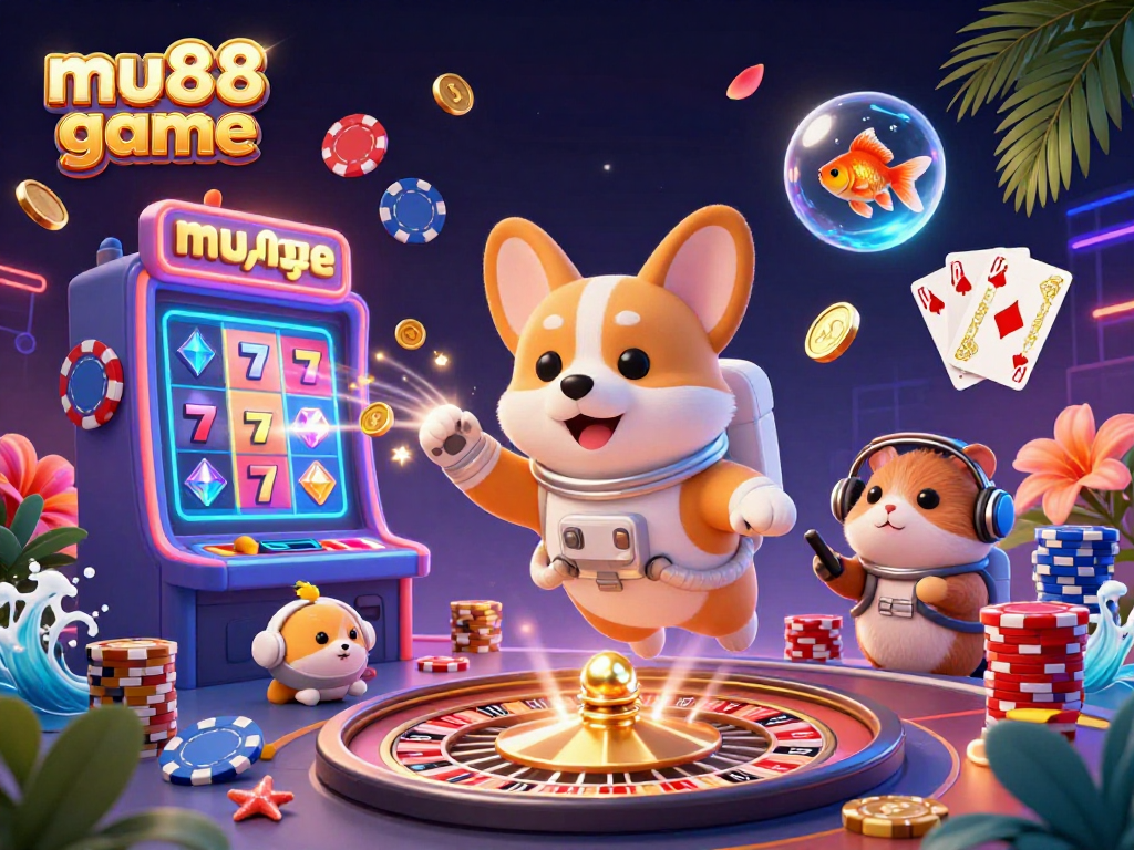Experience the thrill of mu88 game with 3D visuals of an astronaut corgi in a space casino.