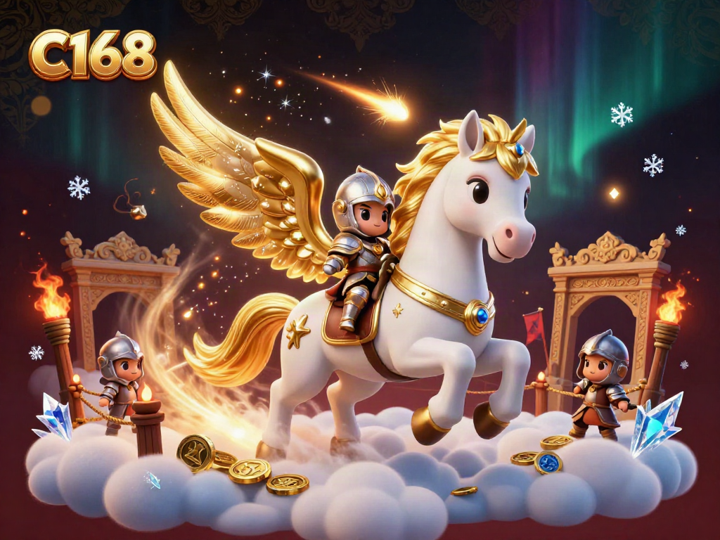 C168 offers an exhilarating online gaming experience with a golden-winged celestial horse navigating a thrilling casino adventure.