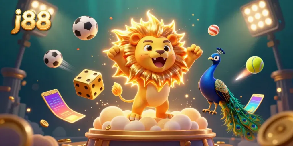 Experience thrilling gameplay with j88 in this colorful casino-themed 3D illustration featuring dynamic elements.