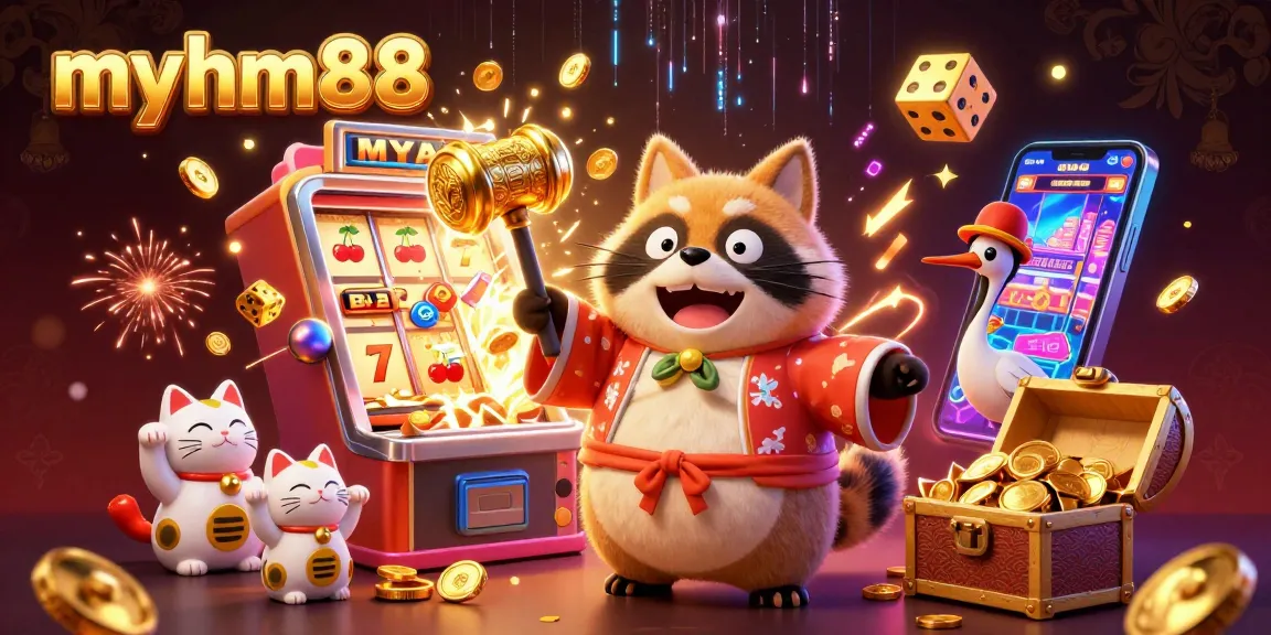 Experience the vibrant atmosphere of myhm88 with a 3D cartoon scene featuring a cheerful tanuki, slot machine, and colorful gaming elements.