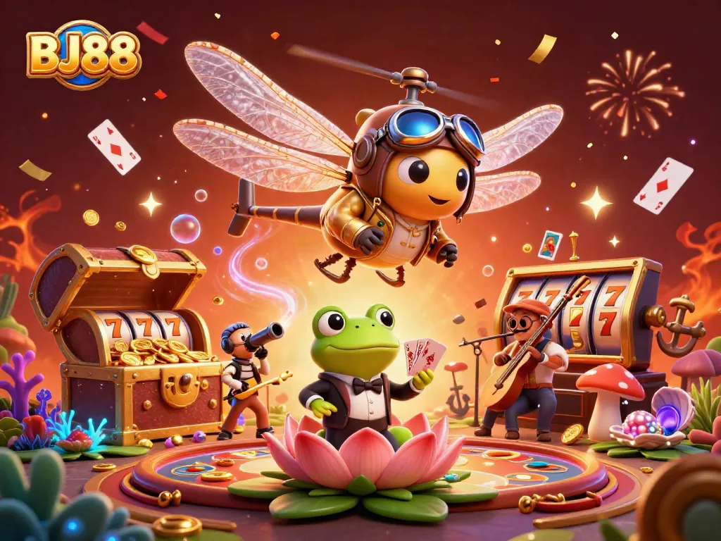 BJ88 reveals a vibrant 3D casino scene with a dragonfly pilot, frog dealer, and treasure-filled excitement.