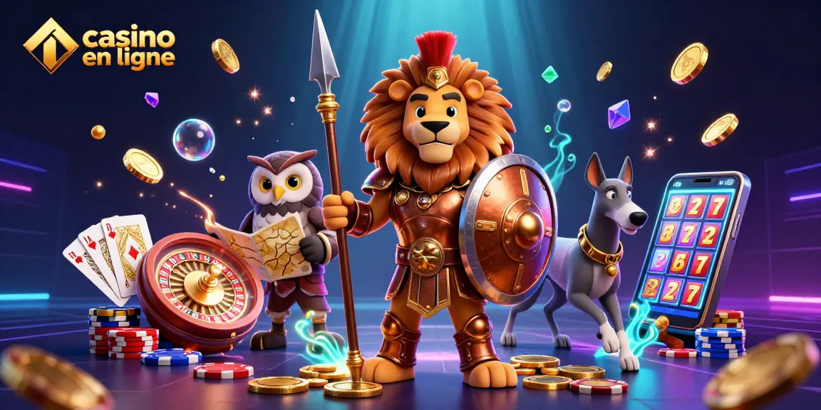 Jouez au casino en ligne avec une illustration d'un lion spartan héroïque et des pièces dorées.