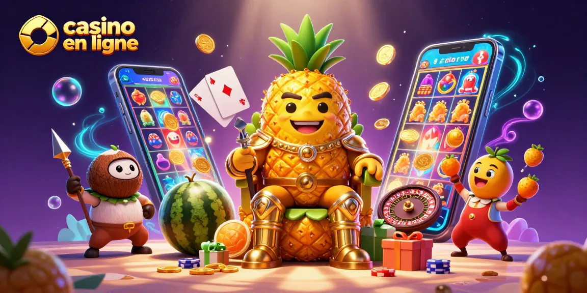 Jouez au casino en ligne avec une illustration dynamique du roi ananas et ses gardes.
