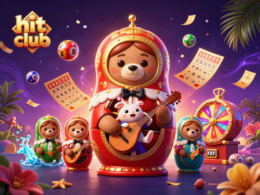 Engage with the hit club lottery scene featuring colorful balls, bears in dealer outfits, and dynamic gaming elements.