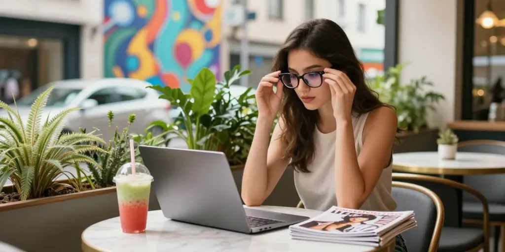 Mulher jovem ajustando seus óculos de grau em um café moderno enquanto lê revistas de moda.