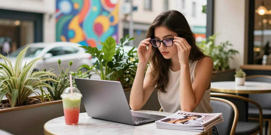 Mulher jovem ajustando seus óculos de grau em um café moderno enquanto lê revistas de moda.