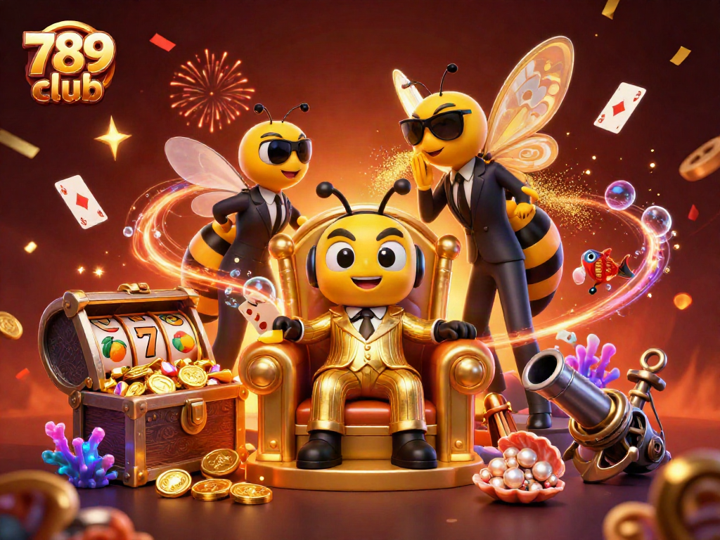 Engage in thrilling gaming at 789 club with slot reels and vivid characters amidst vibrant celebration.