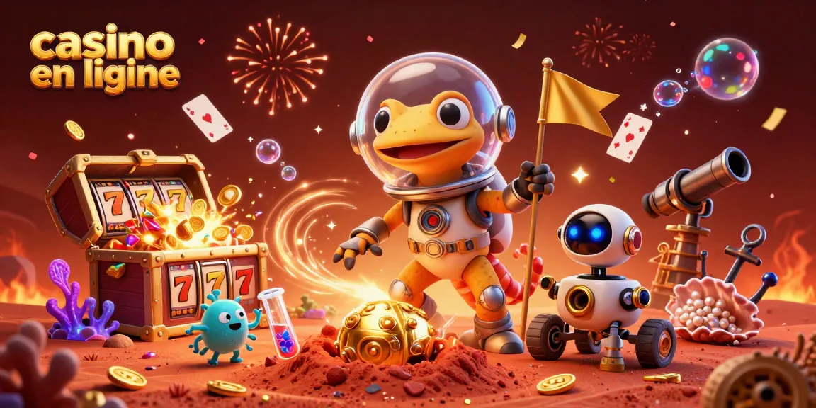 Plongez dans l'univers du casino en ligne avec un lézard martien découvrant un casino doré sur Mars.