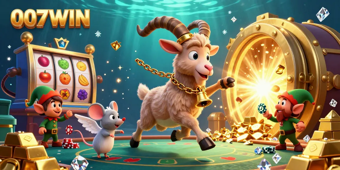 Experience the thrill of gaming with 007WIN's lively casino scene featuring a playful Krampus goat and mischievous gremlins.