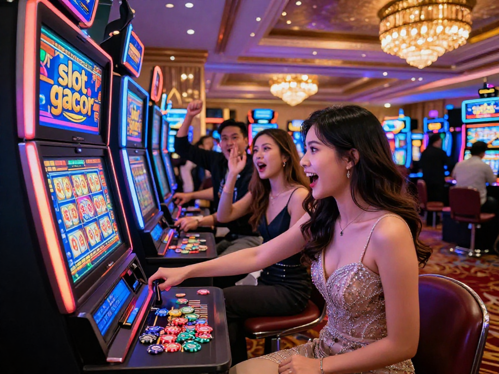 Excited players around a slot gacor machine in a lively casino atmosphere, showcasing vibrant lights and energetic expressions.