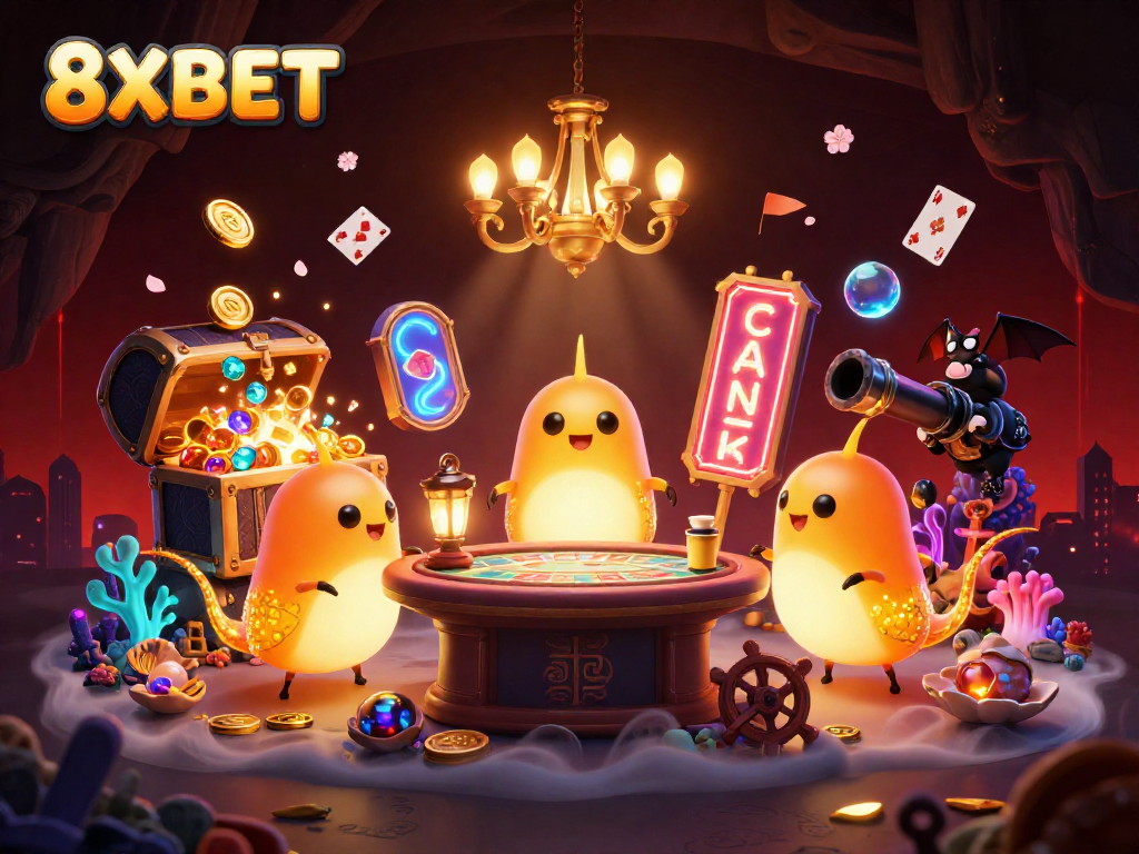 Experience the excitement of 8XBET with glowworms illuminating a vibrant cave casino scene and a bat dealer.