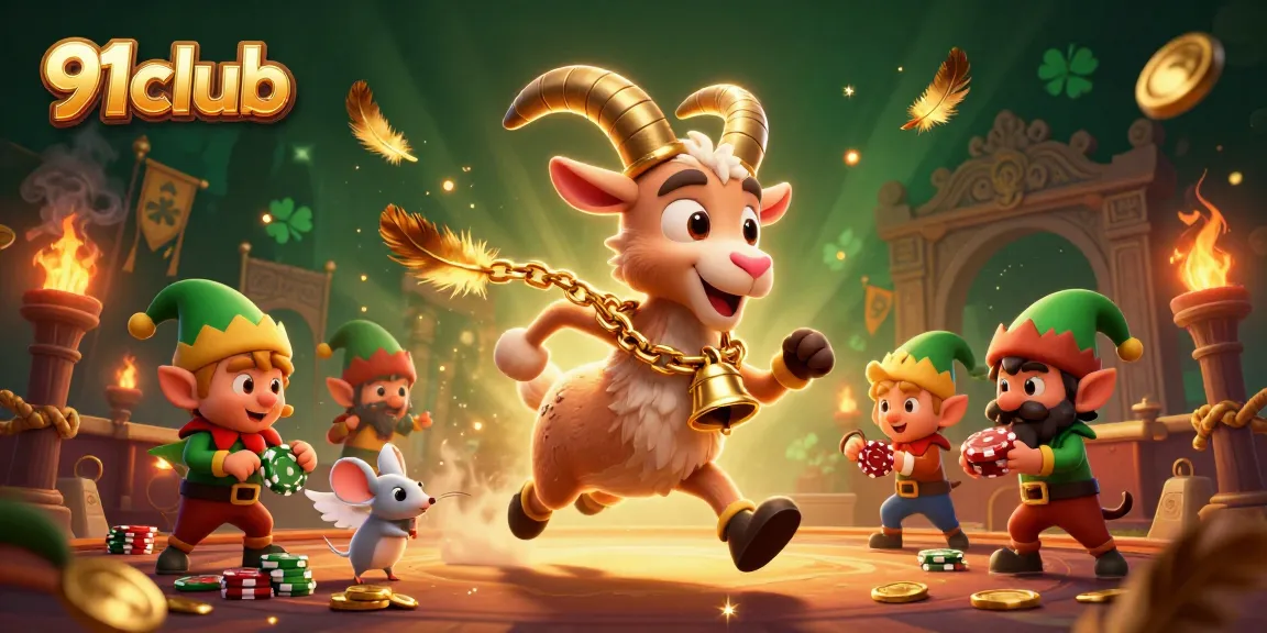 Experience the thrill of 91club with festive characters and vibrant casino elements in this engaging illustration.