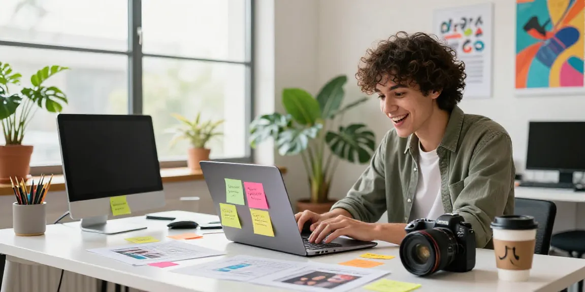 Content creator focused on crafting AI generated TikTok captions in a vibrant workspace