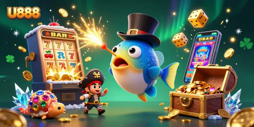 Engage with U888's vibrant slots scene featuring animated sea creatures and explosive jackpot elements.