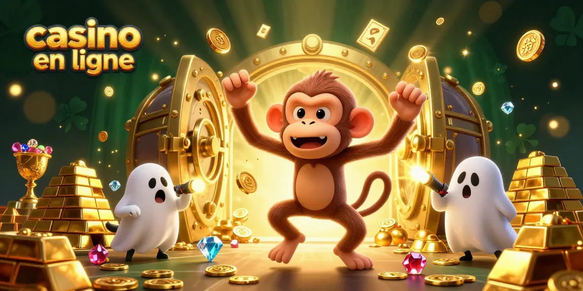 Image illustrant une scène de casino en ligne animée avec un singe poltergeist et un chiot chasseur de fantômes.