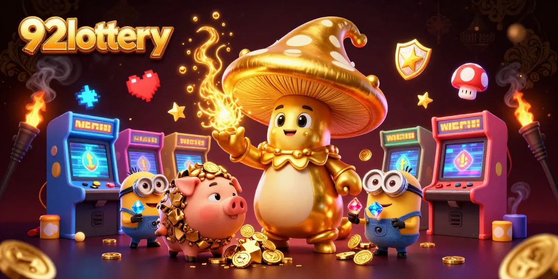 Engage with 92lottery's vibrant gaming world featuring golden magical characters and arcade elements.