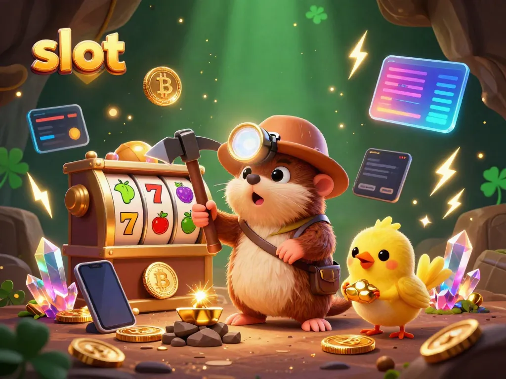 Engage in slot gaming adventure with a treasure hunter mole navigating a vibrant cave of colorful reels and crypto elements.