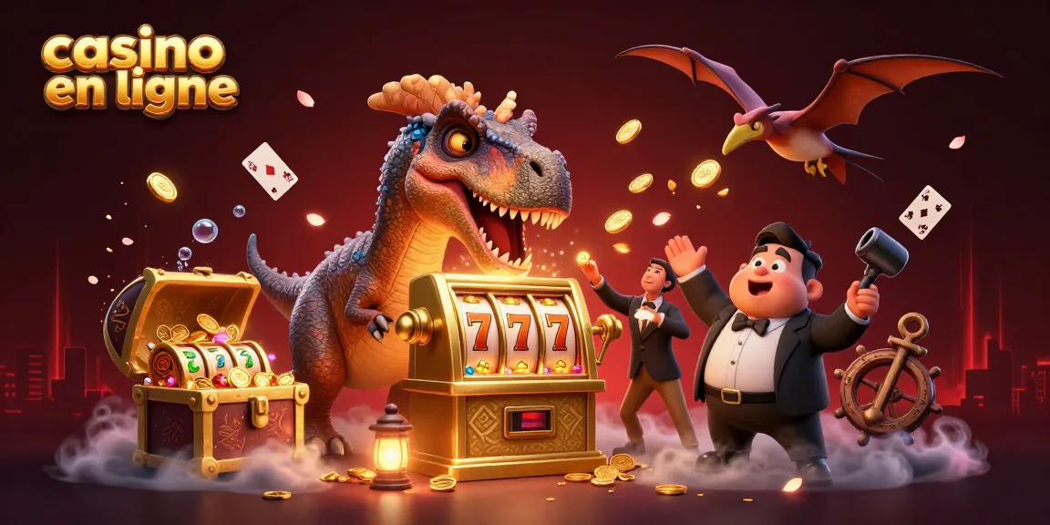 Des personnages animés au casino en ligne avec des machines à sous et des pièces d'or s'envolant.