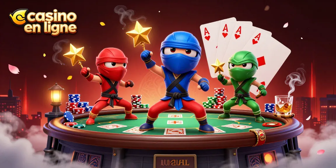 Illustration dynamique de 3 caméléons ninjas en arts martiaux pour un casino en ligne.