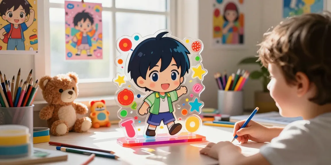 Custom acrylic stand showcasing a vibrant anime character in a child's creative room.
