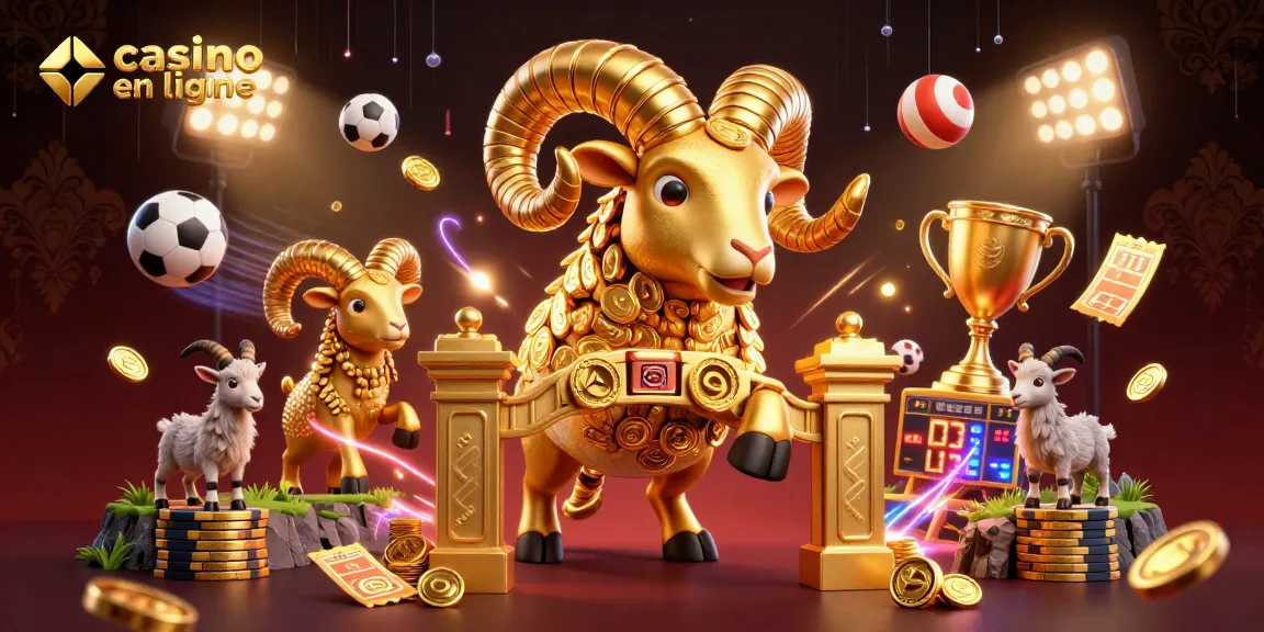 Casino en ligne : Illustration dynamique avec un bélier doré chargeant à travers des éléments de jeu.