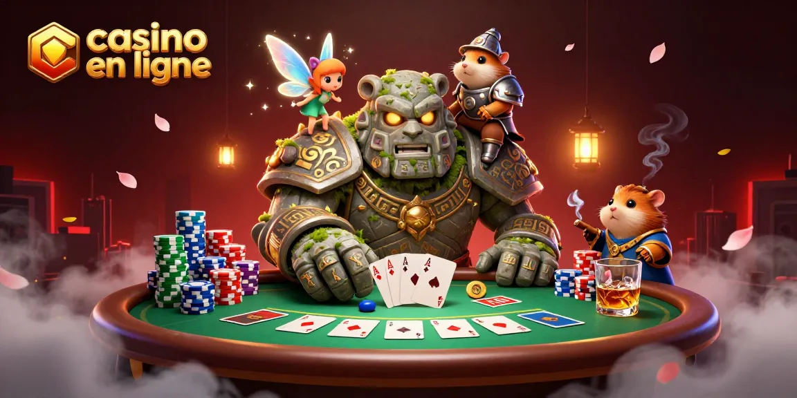 Découvrez l'animation magique d'un casino en ligne avec un golem de pierre et des éléments de poker captivants.