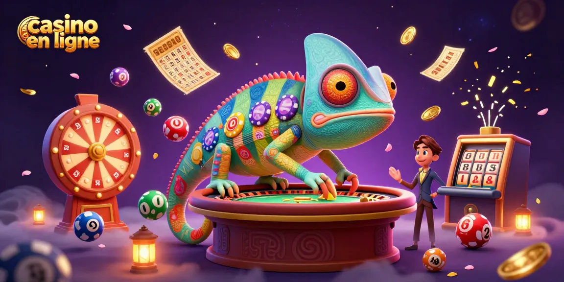Illustration dynamique de casino en ligne avec un caméléon géant et des éléments de jeux.