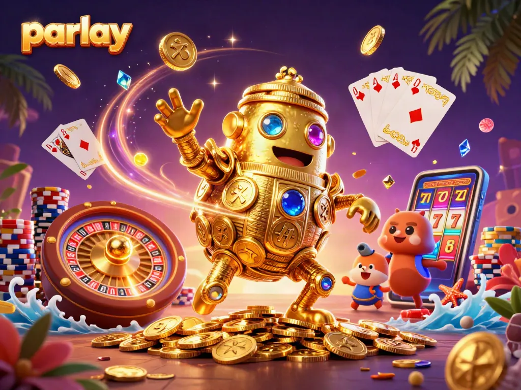 Engage in parlay betting with this dynamic scene of a golden golem amidst casino elements.