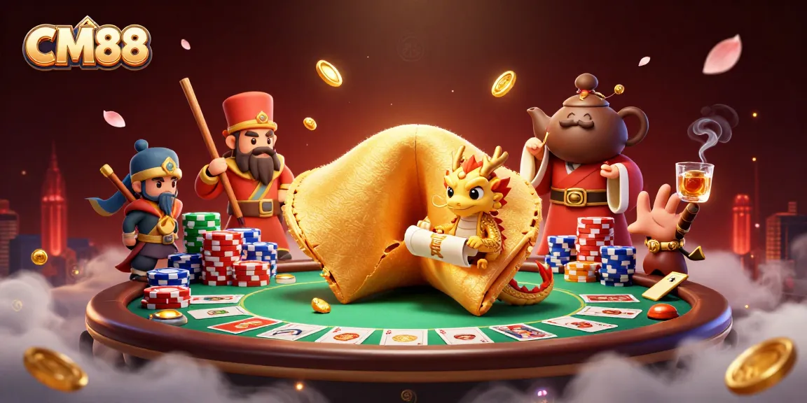 CM88 casino scene with a golden fortune cookie, dragon reading, and poker elements.