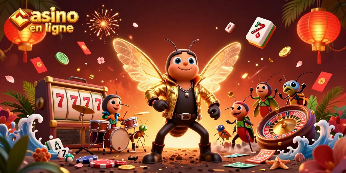 Illustration de casino en ligne montrant une rock star et un batteur animés en pleine performance festive avec des éléments de jeu.
