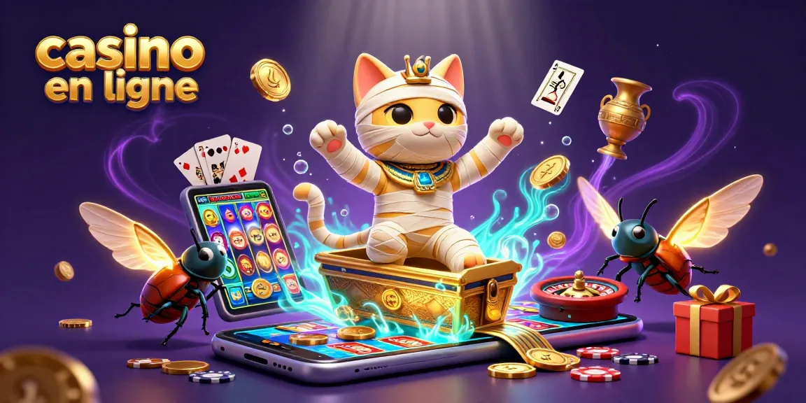 Explorez le casino en ligne avec un chat momie et des éléments de jeu captivants.
