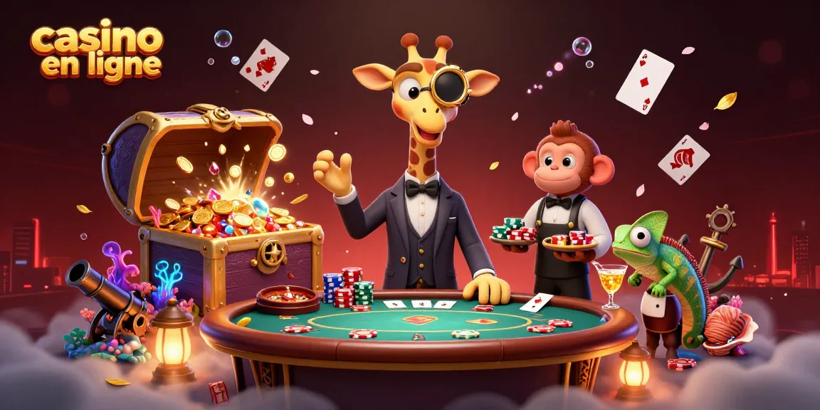Casino en ligne captivant avec une girafe, un valet et un barman, dans un décor animé.