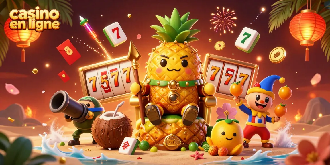 Jouez à un casino en ligne avec le roi ananas doré et ses gardes sur une plage animée.