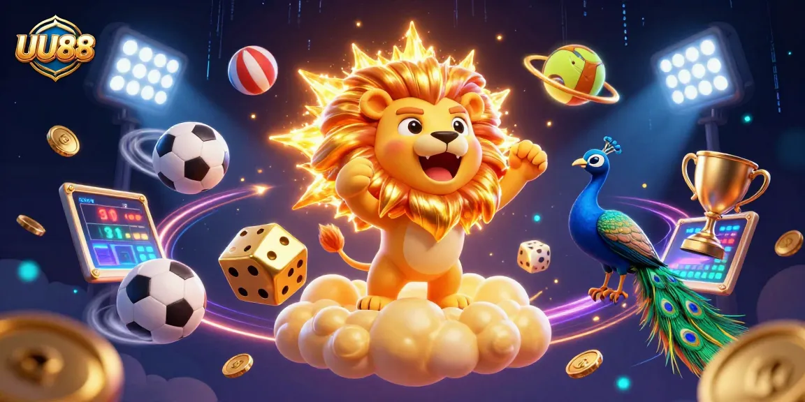 Experience exhilarating gaming with UU88's thrilling casino atmosphere highlighted by vibrant characters and dynamic sports elements.