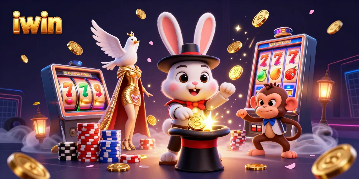 Win big with iwin's 3D cartoon gaming scene featuring vibrant slot machines, poker elements, and exciting casino action.