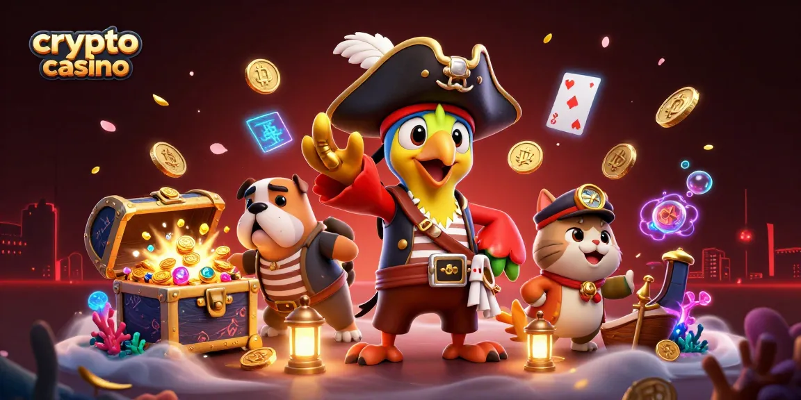 Un crypto casino imperdibile con il pappagallo pirata e il bulldog, circondato da monete di Bitcoin e Ethereum.