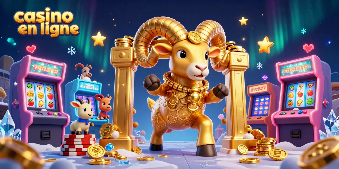 Scène immersive de casino en ligne avec un bélier doré, des machines à sous et des éléments ludiques.
