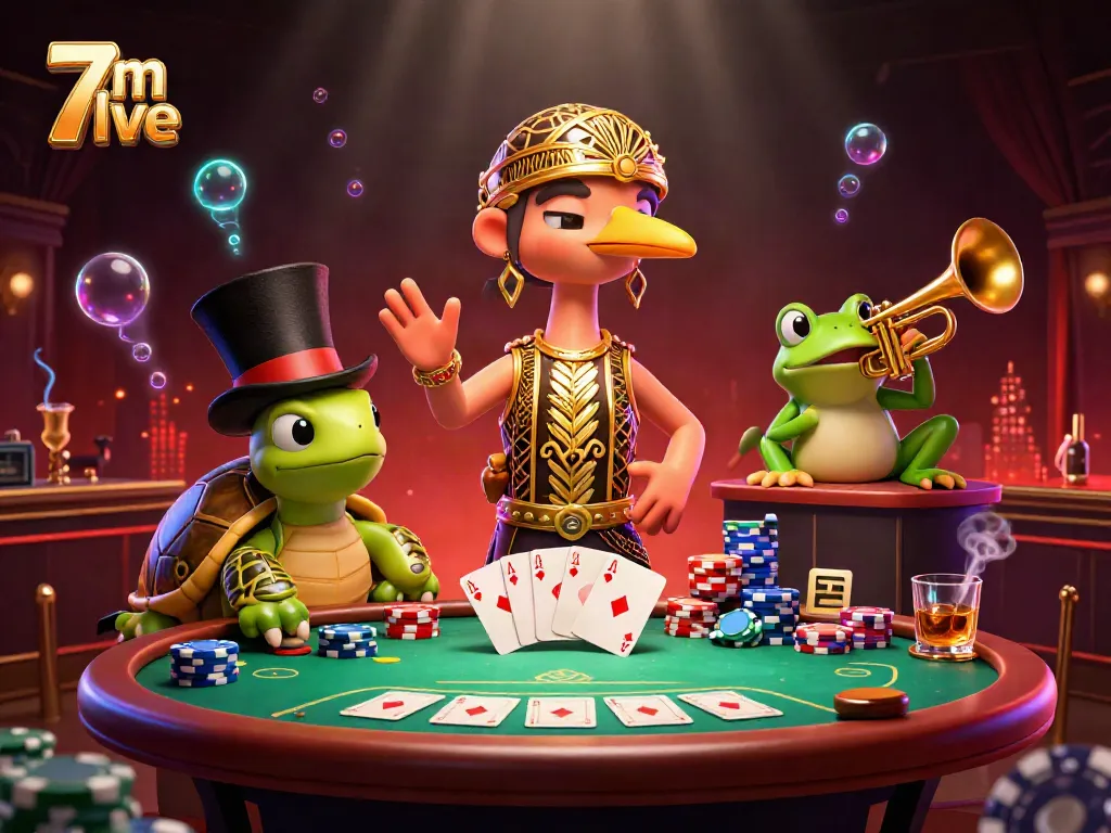 Engage with 7m live casino action at a vibrant speakeasy with colorful poker elements.