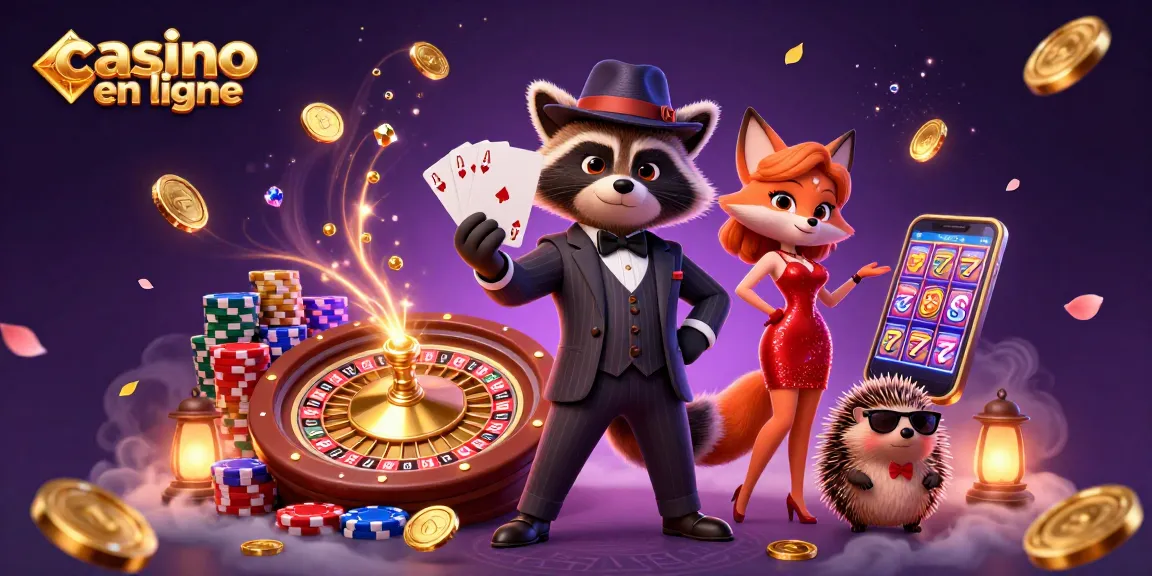 Illustration dynamique d'un casino en ligne avec un raton laveur et une renarde, entourés de jetons et de pièces d'or.